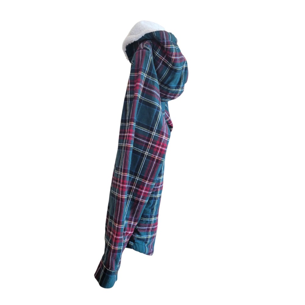 LL Bean Womans Sherpa Lined Plaid Flannel Jacket Hoodie XL Petite Relaxed Fit - Picture 2 of 12